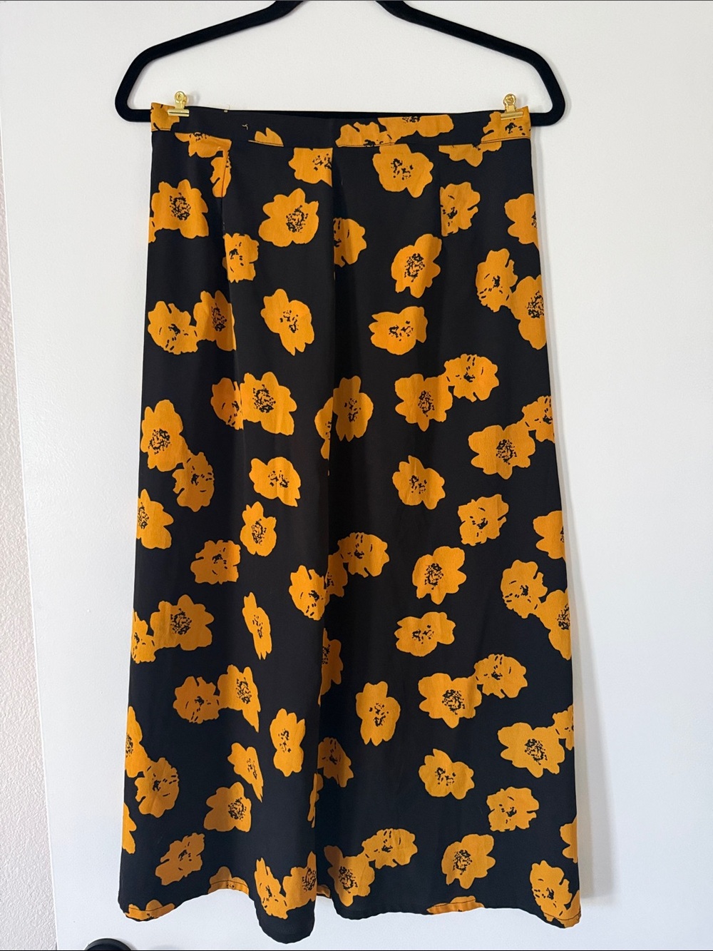Black Midi Skirt with Bold Mustard Floral Print